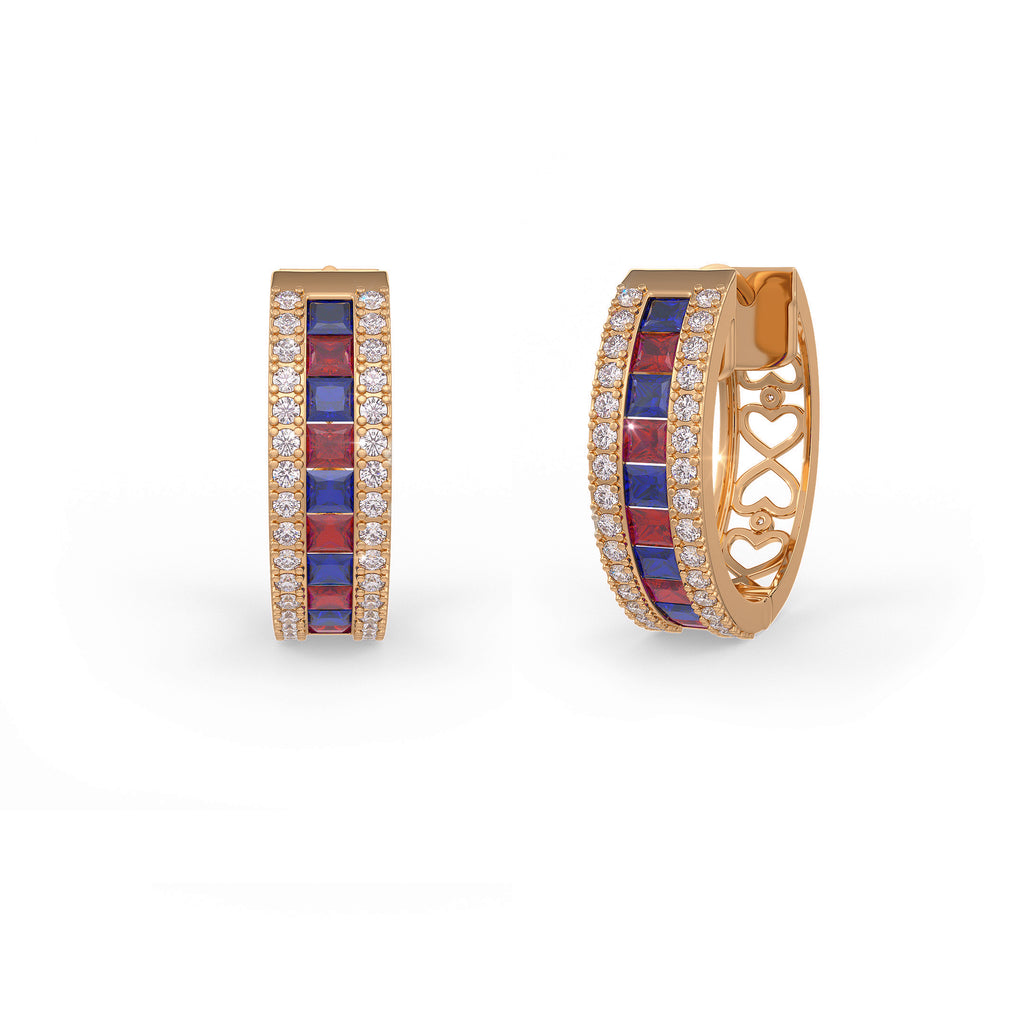 Diamond Emerald Sapphire Hoops Earrings in 18ct Rose Gold 1.3ct
