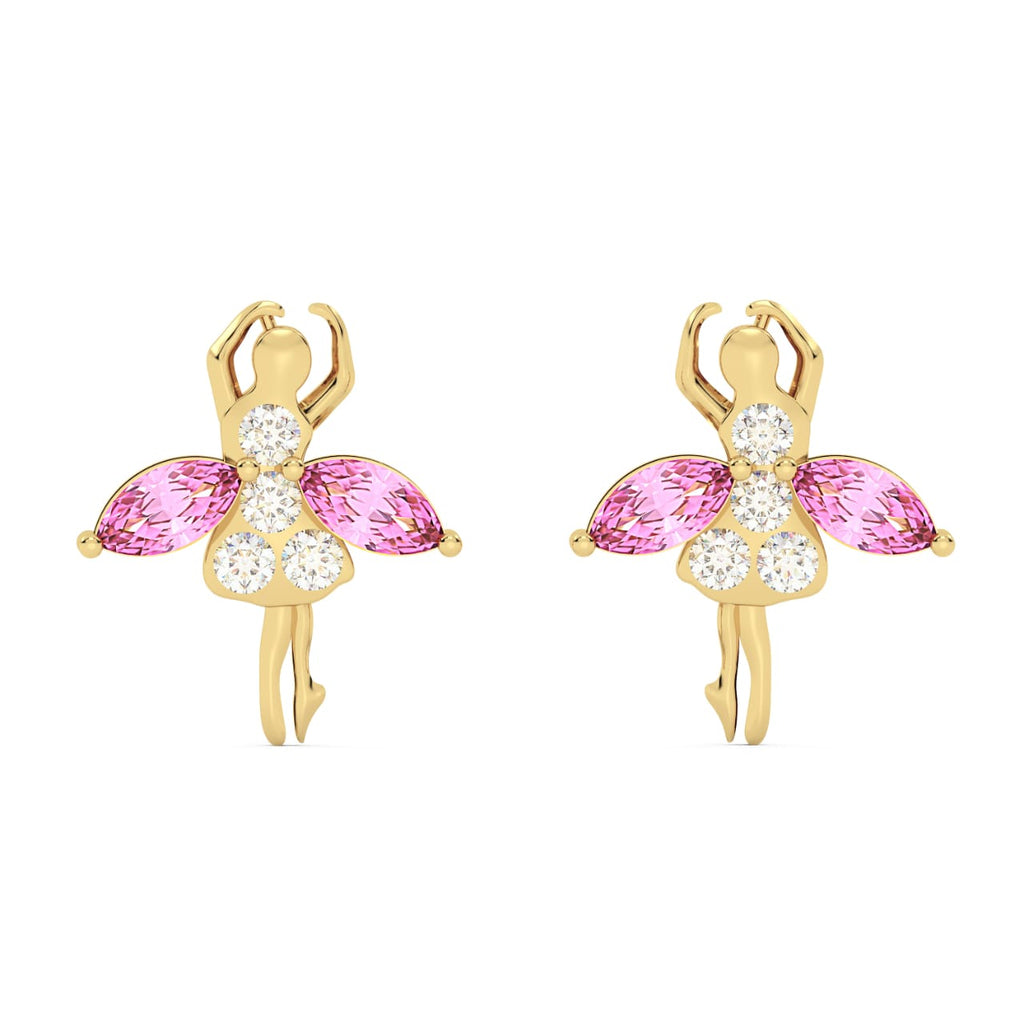 18ct Yellow Gold Diamond & Pink Sapphire Earrings Ballroom Dancing Ballerina