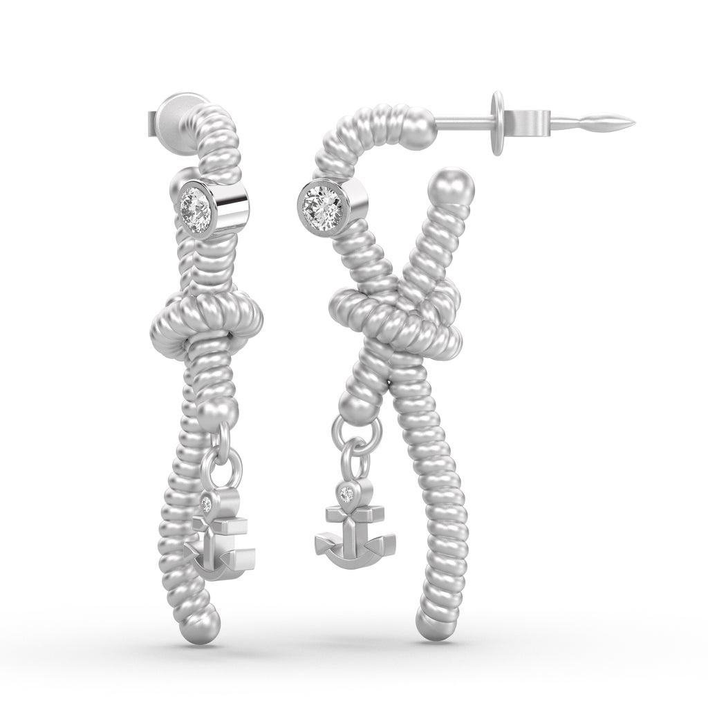 Sailors Knot Diamond Earrings With Anchor in 18ct White Gold (available singular or pair)