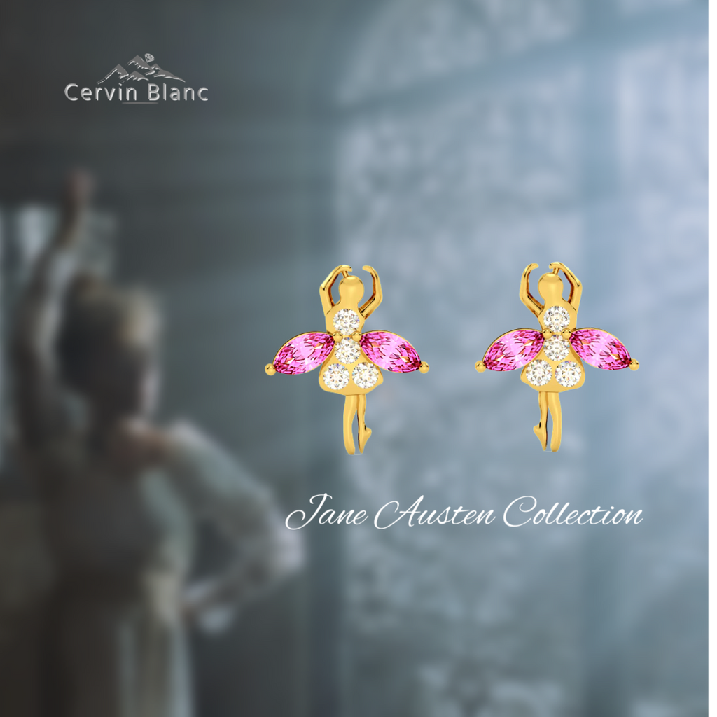 18ct Yellow Gold Diamond & Pink Sapphire Earrings Ballroom Dancing Ballerina