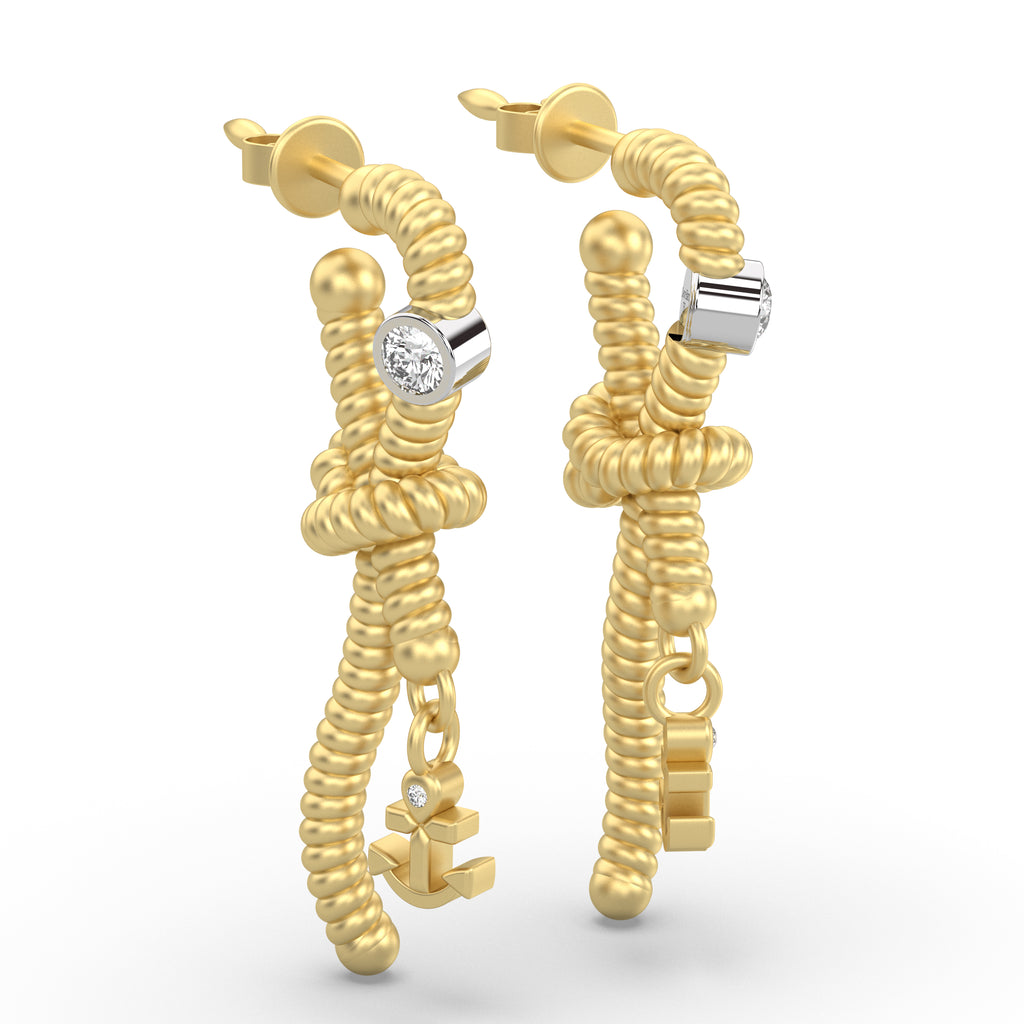 Sailors Knot Diamond Earrings With Anchor in 18ct Yellow Gold (available singular or pair)