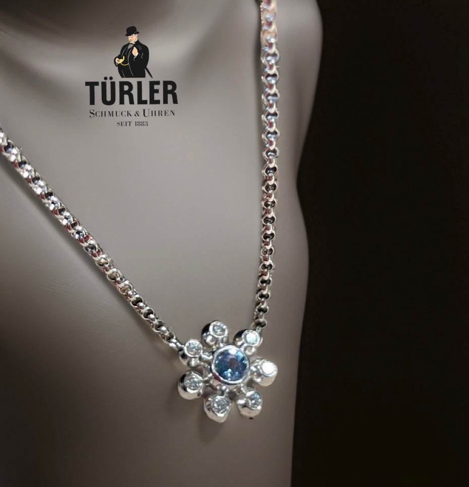 Sapphire Diamond Flower Daisy Necklace 18ct White Gold by Türler Schmuck und Uhren