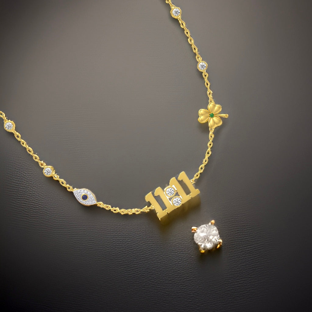 Lucky Girl Manifest Diamond Necklace 1111 with Clover & Evil Eye Charms in 18ct Yellow Gold As Seen in VOGUE
