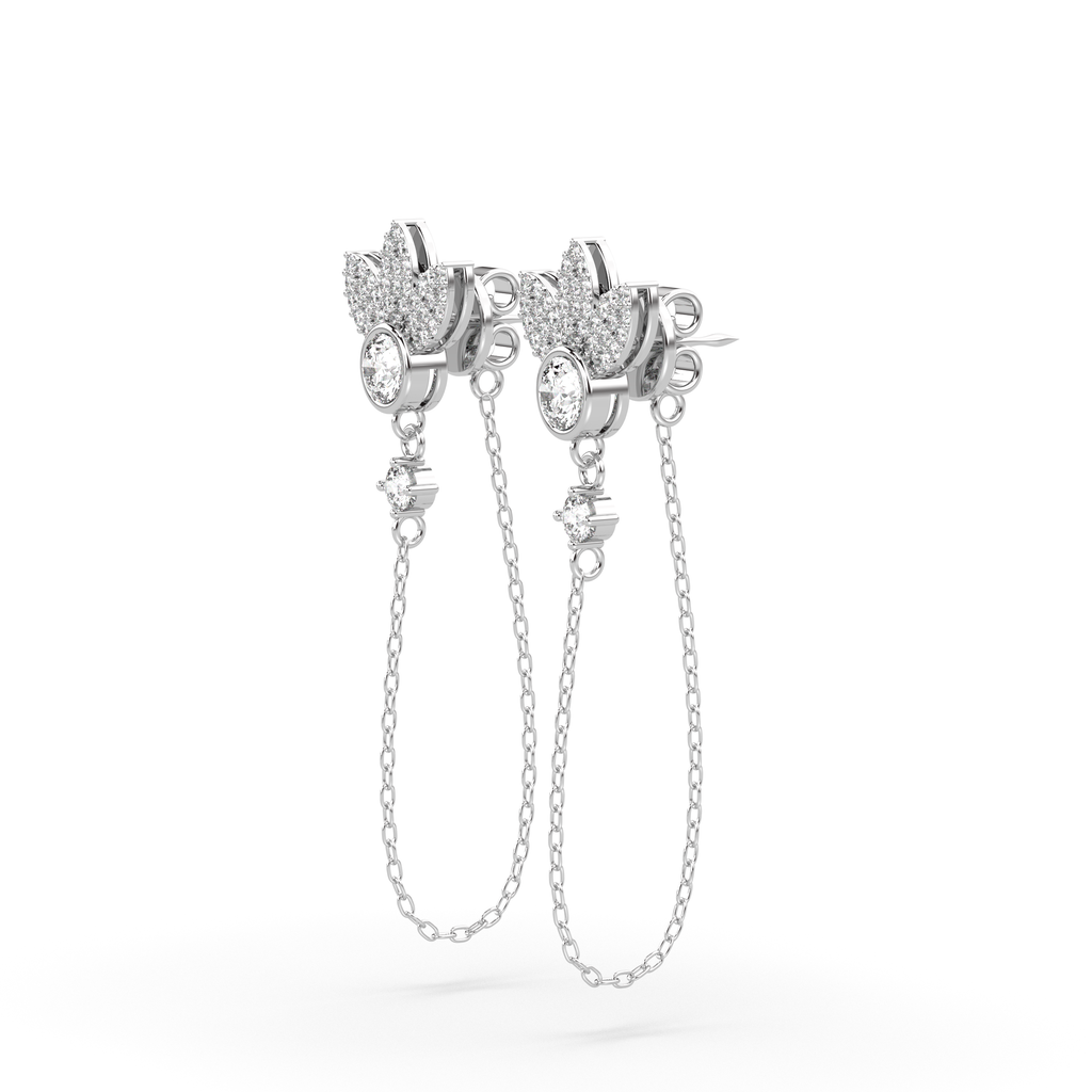 18ct White Gold Diamond Earrings Lotus studs with chain wrap around 0.76ct