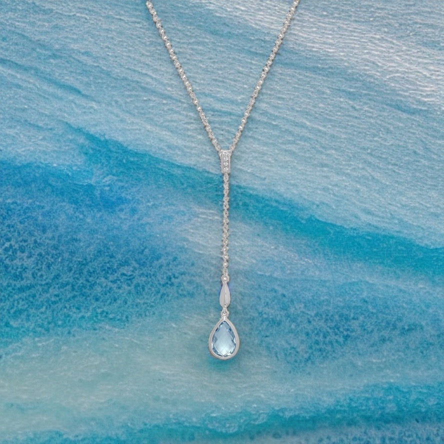 18ct White Gold Diamond And Blue Topaz Lariat Necklace