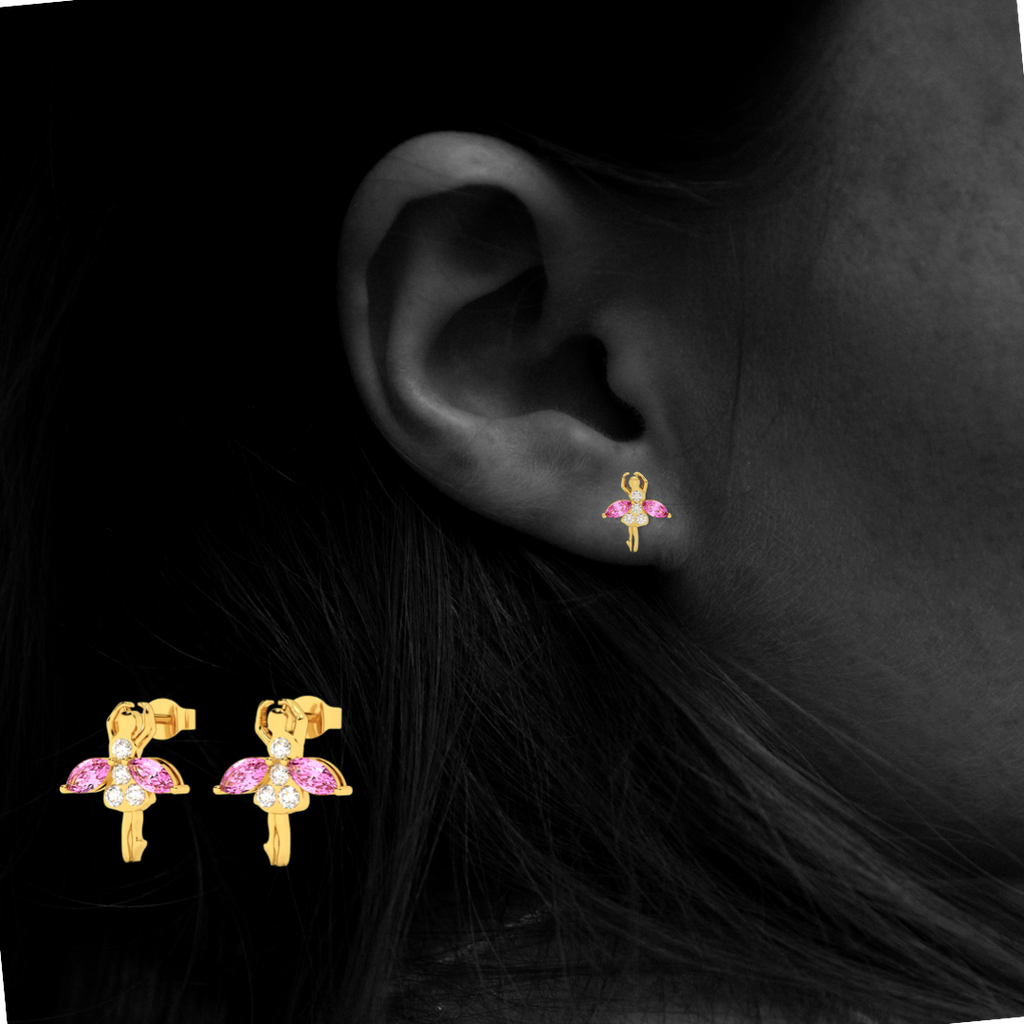 18ct Yellow Gold Diamond & Pink Sapphire Earrings Ballroom Dancing Ballerina
