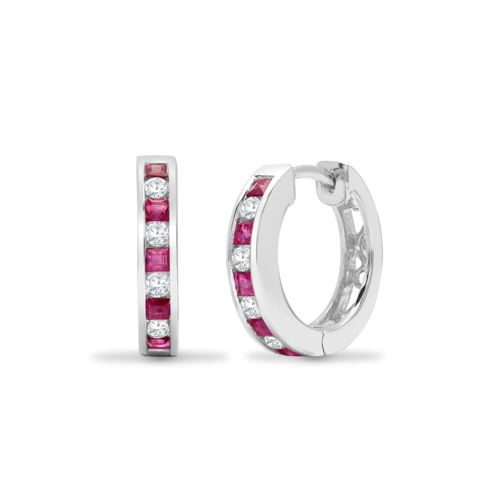 Ruby Diamond Earrings in 18ct White Gold coloured Gem Hoops