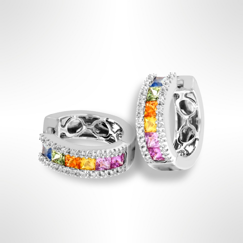 Sapphire Diamond Earrings in 18ct White Gold coloured Gem Hoops