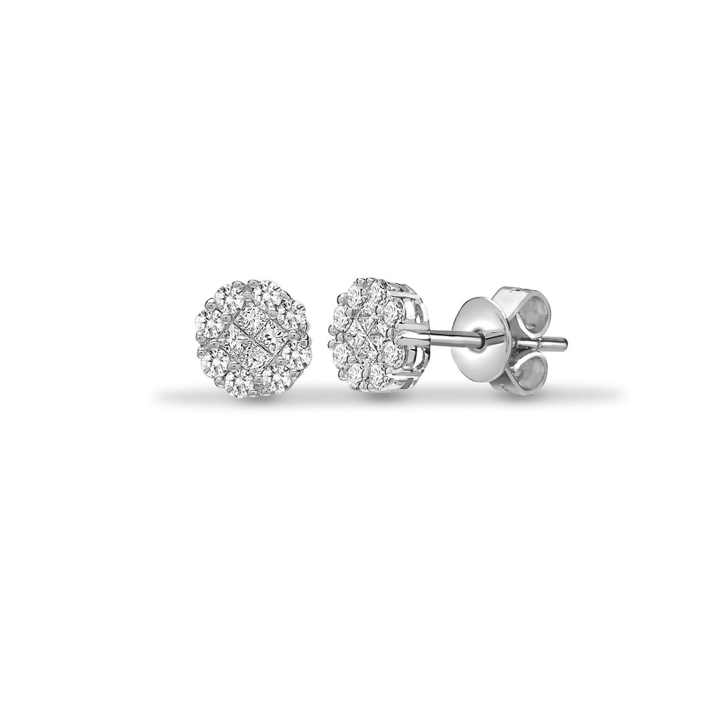 18ct White 1ct Princess & Round Diamond Cluster Studs
