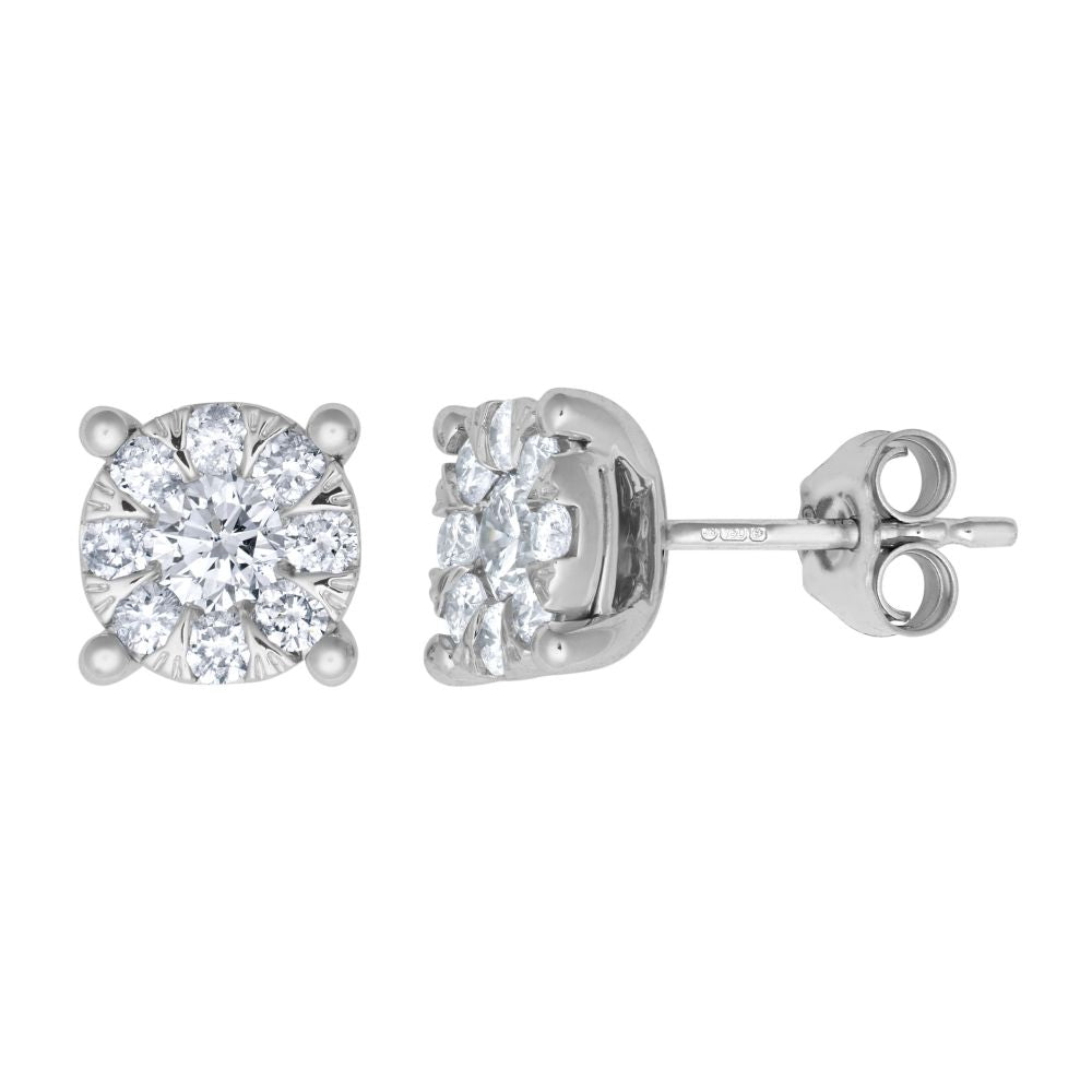18ct White 1ct Diamond 7 round Halo Cluster Earrings