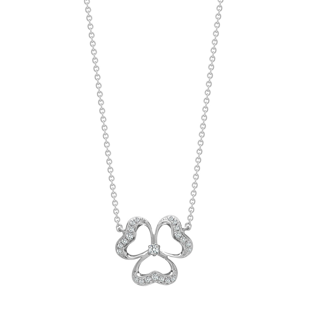 18ct White Gold 0.11ct Diamond Necklace Clover Flower Pendant 18" Chain