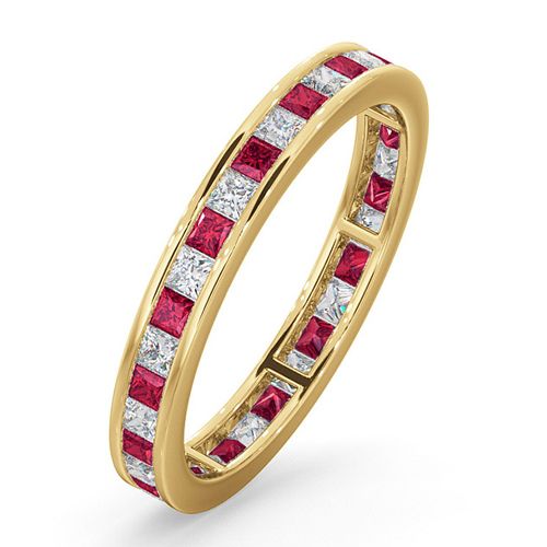 18ct Yellow Gold Channel Set Princess Cut Full Eternity Ring Diamond 0.50ct Ruby 0.60ct H Si