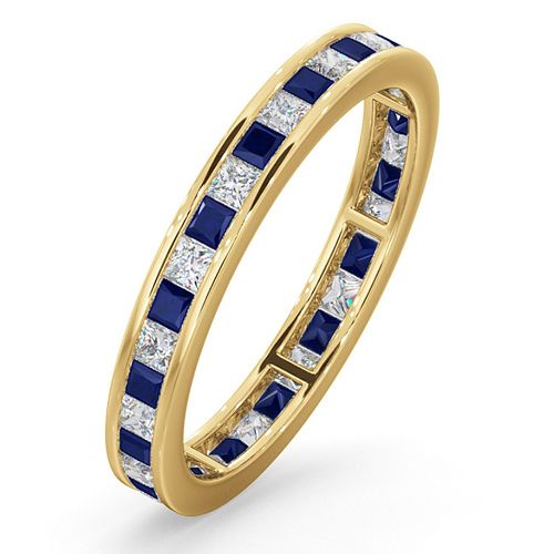 18ct Yellow Gold Channel Set Princess Cut Full Eternity Ring Diamond 0.50ct Saph 0.70ct H Si