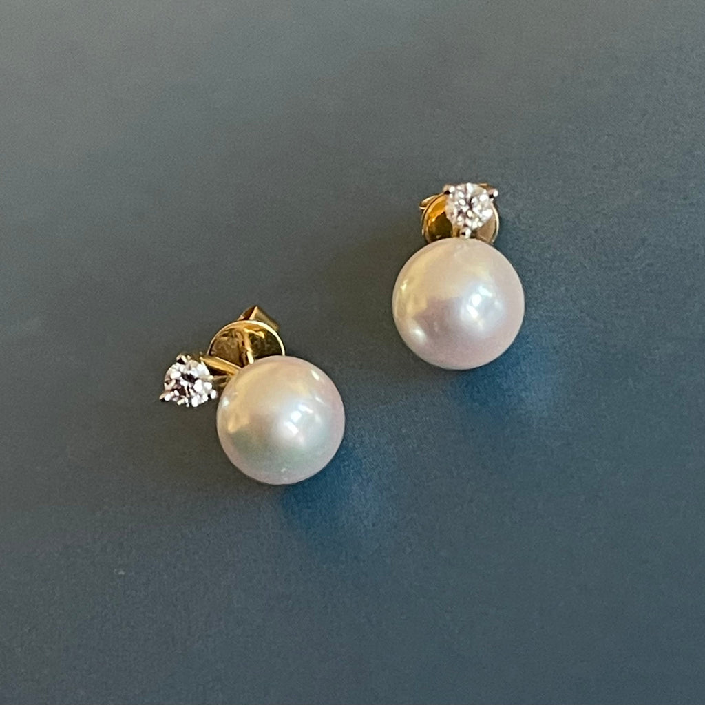 18ct Yellow Gold Solitaire Diamond Studs With Pearls 0.15ct 7mm