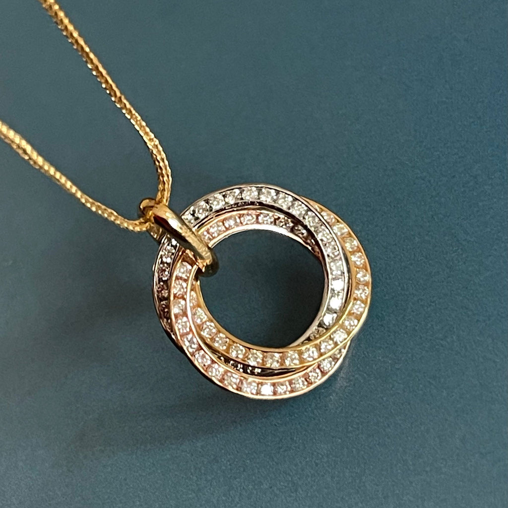 Diamond Necklace in 18ct Gold Eternity Circle of Life interlocking tricolour