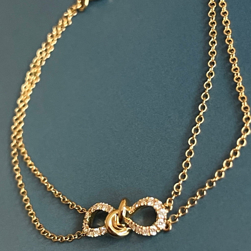 Diamond Bracelet in 18ct Yellow Gold Ribbon Bow double chain