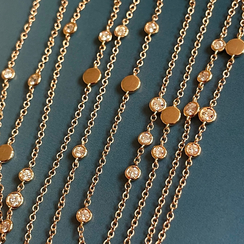 Diamond Necklace 1.55ct 18ct Rose Gold by the yard bezel & gold discs 35 inch
