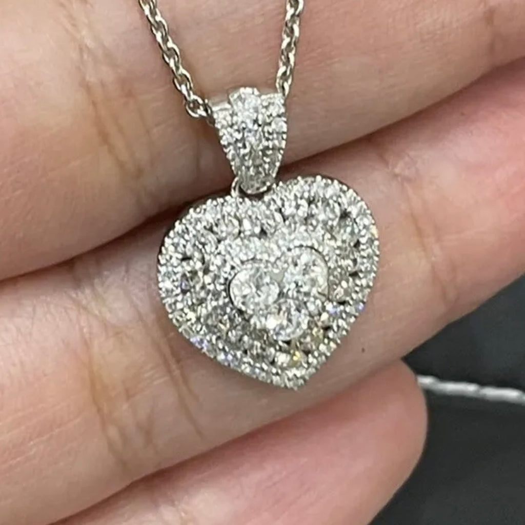Diamond Necklace 1.35ct in 18ct White Gold Heart Pendant Halo Cluster 18” Chain