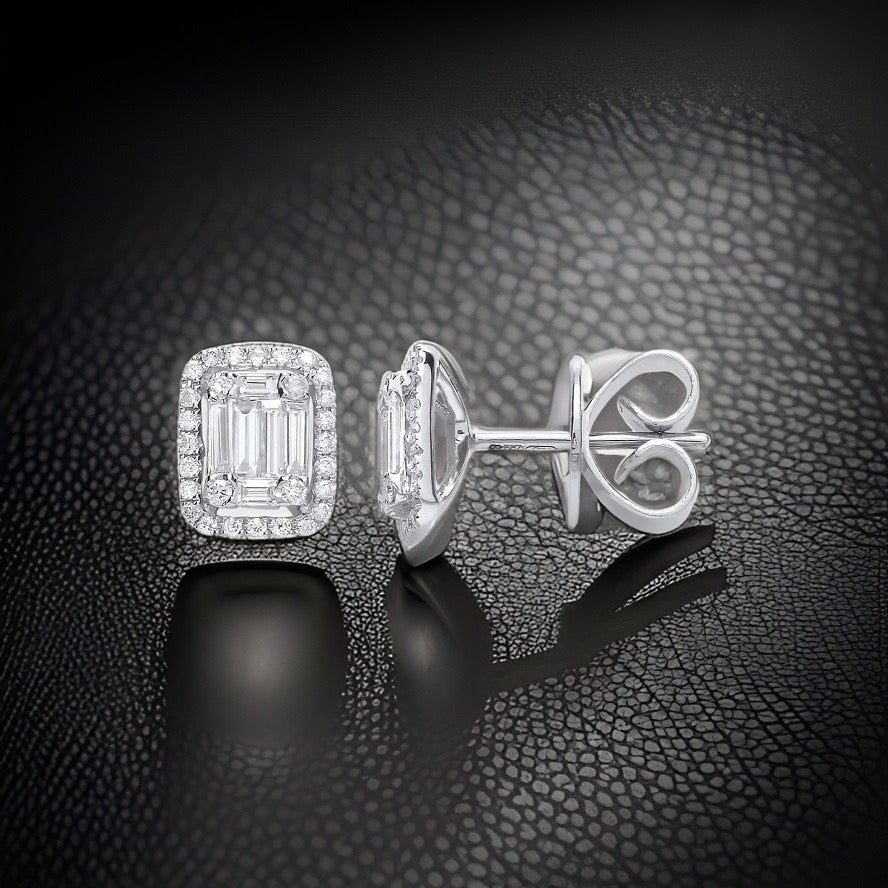 18ct White Gold 0.65ct Baguette & Brilliant Cut Diamond Rectangle Halo Earrings