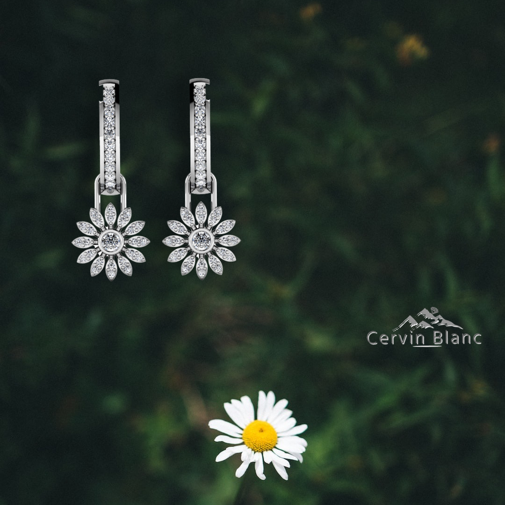 18ct White Gold Diamond Hoops with Removable Charm. Flora Daisy Earrings