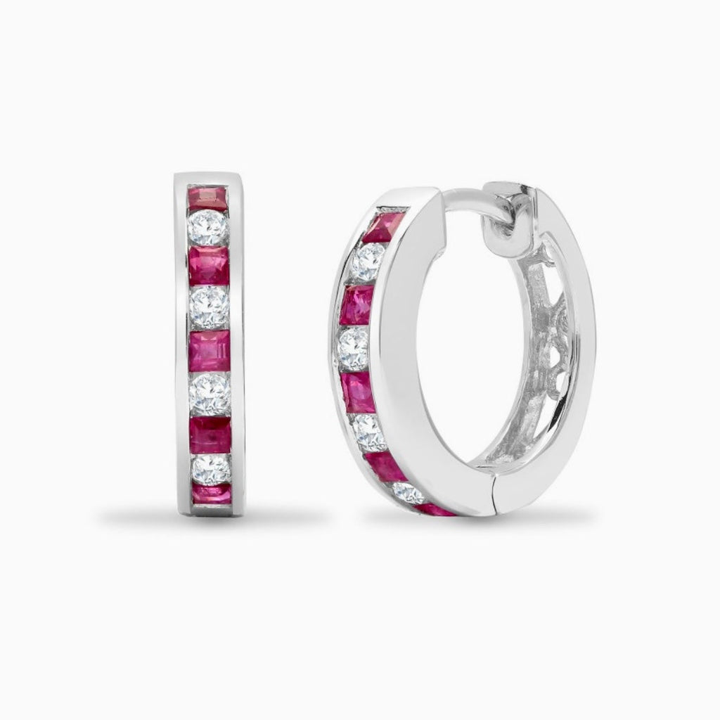 18ct White Gold Diamond And Ruby Hoop Earrings