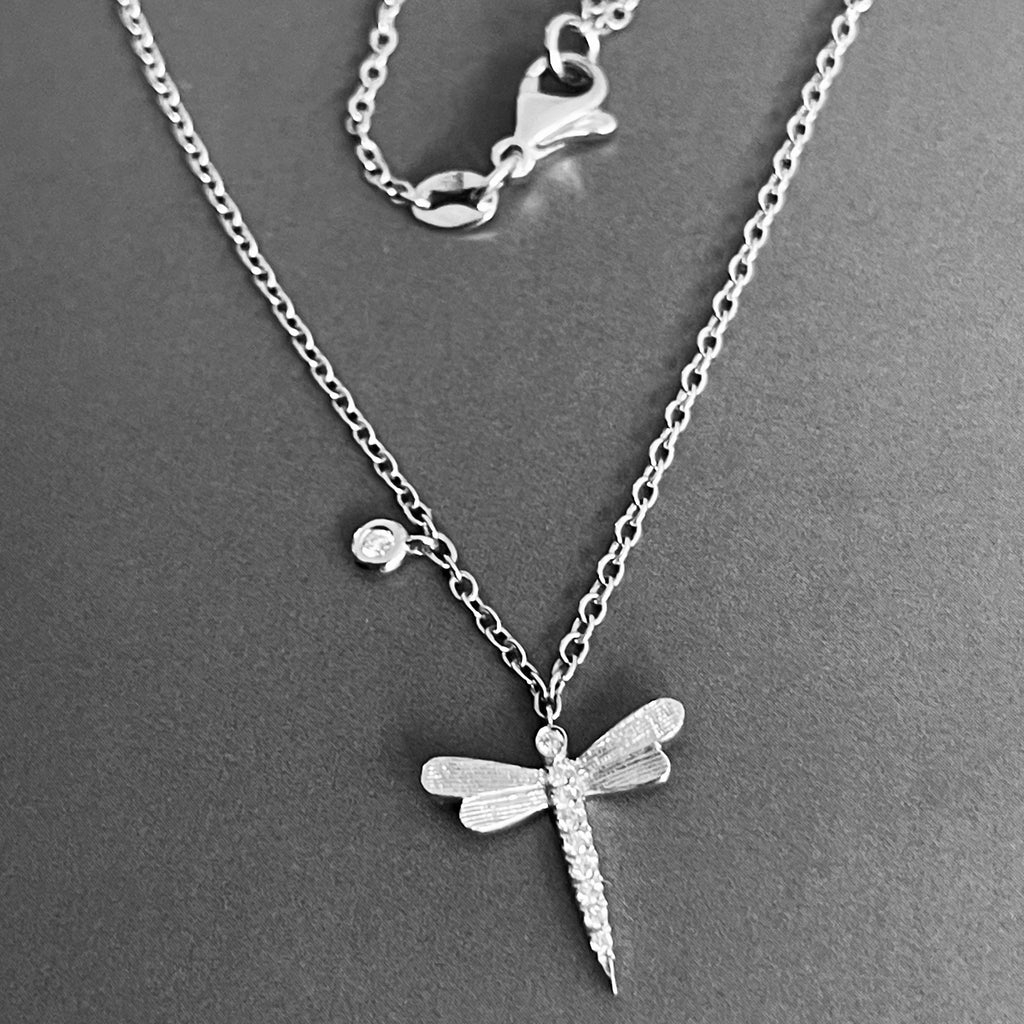 18ct White Gold Diamond Necklace Dragonfly pendant with solitaire charm