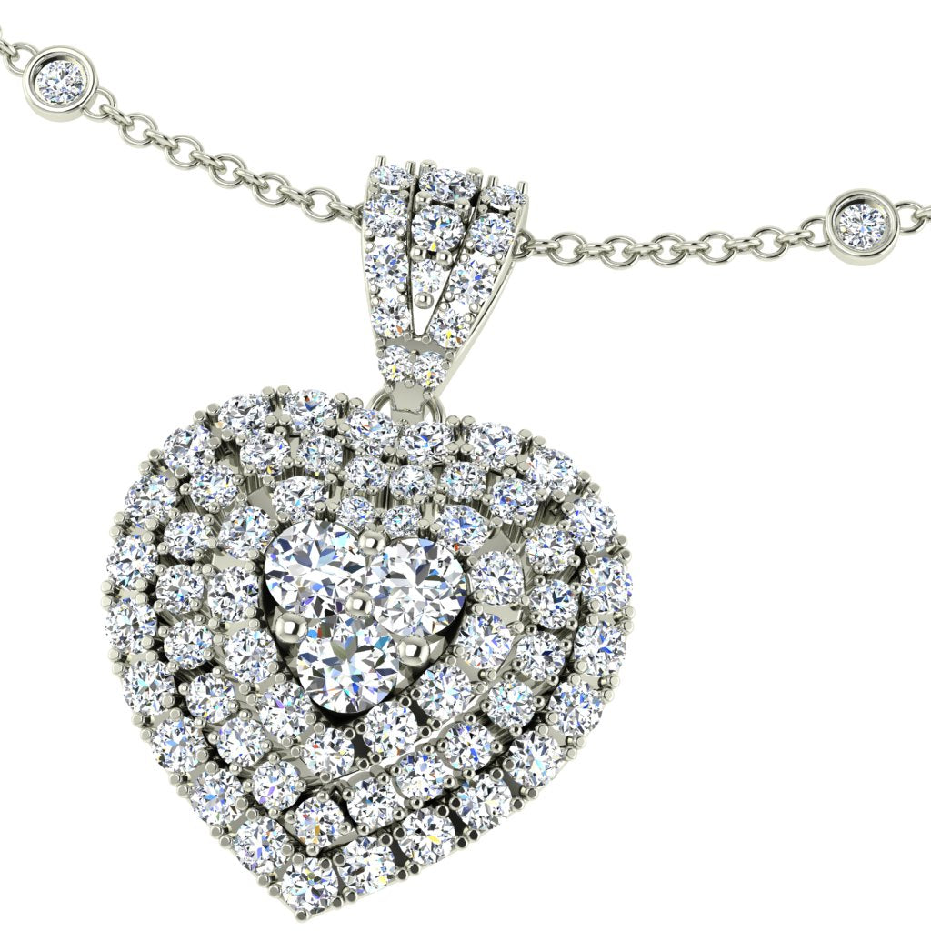 white gold diamond necklace, heart pendant necklace, scatter diamond chain, brilliant-cut diamond, halo diamond pendant, 14k white gold