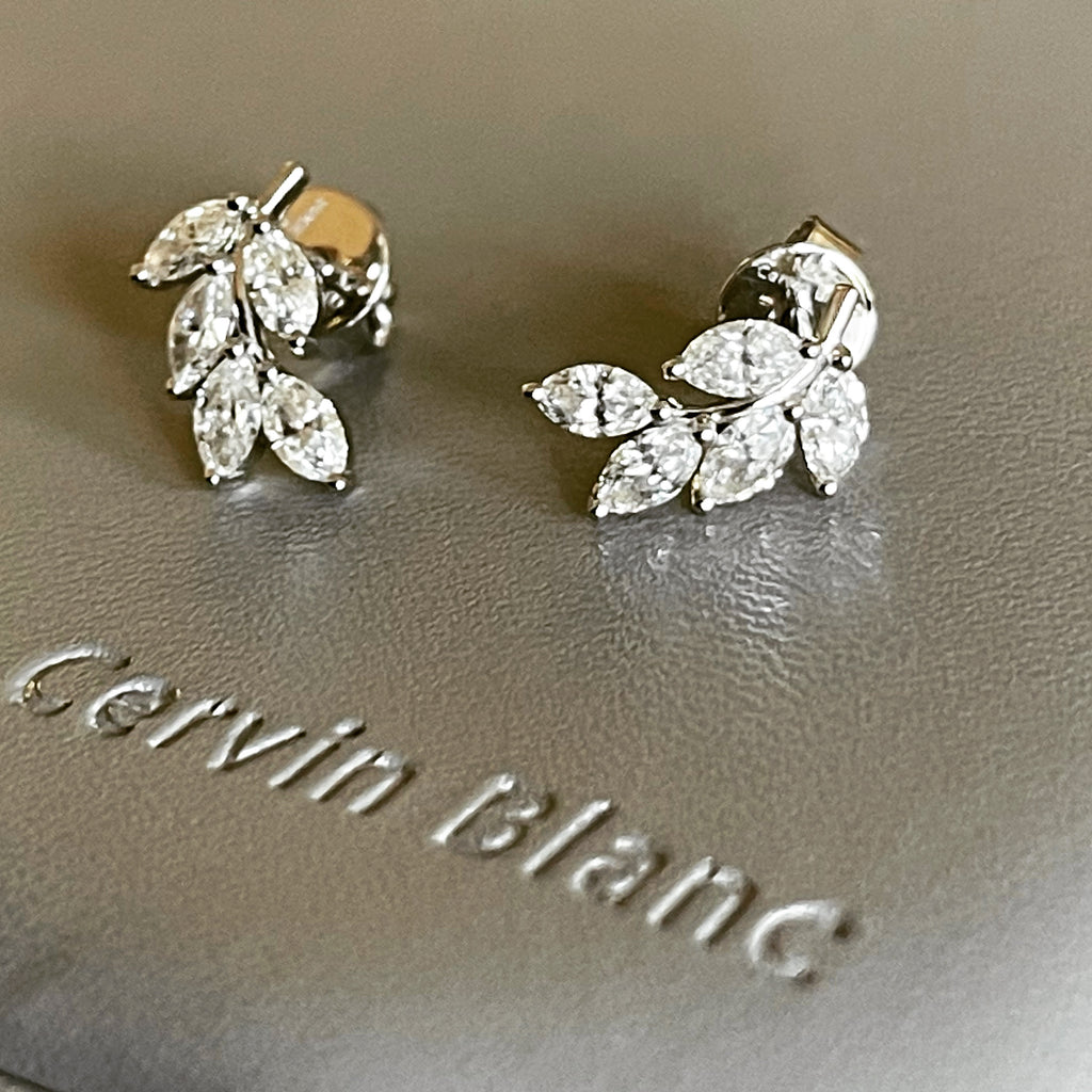 18ct White Gold Diamond Earrings leaf studs 1.20ct Marquise Cut. As Seen in TATLER