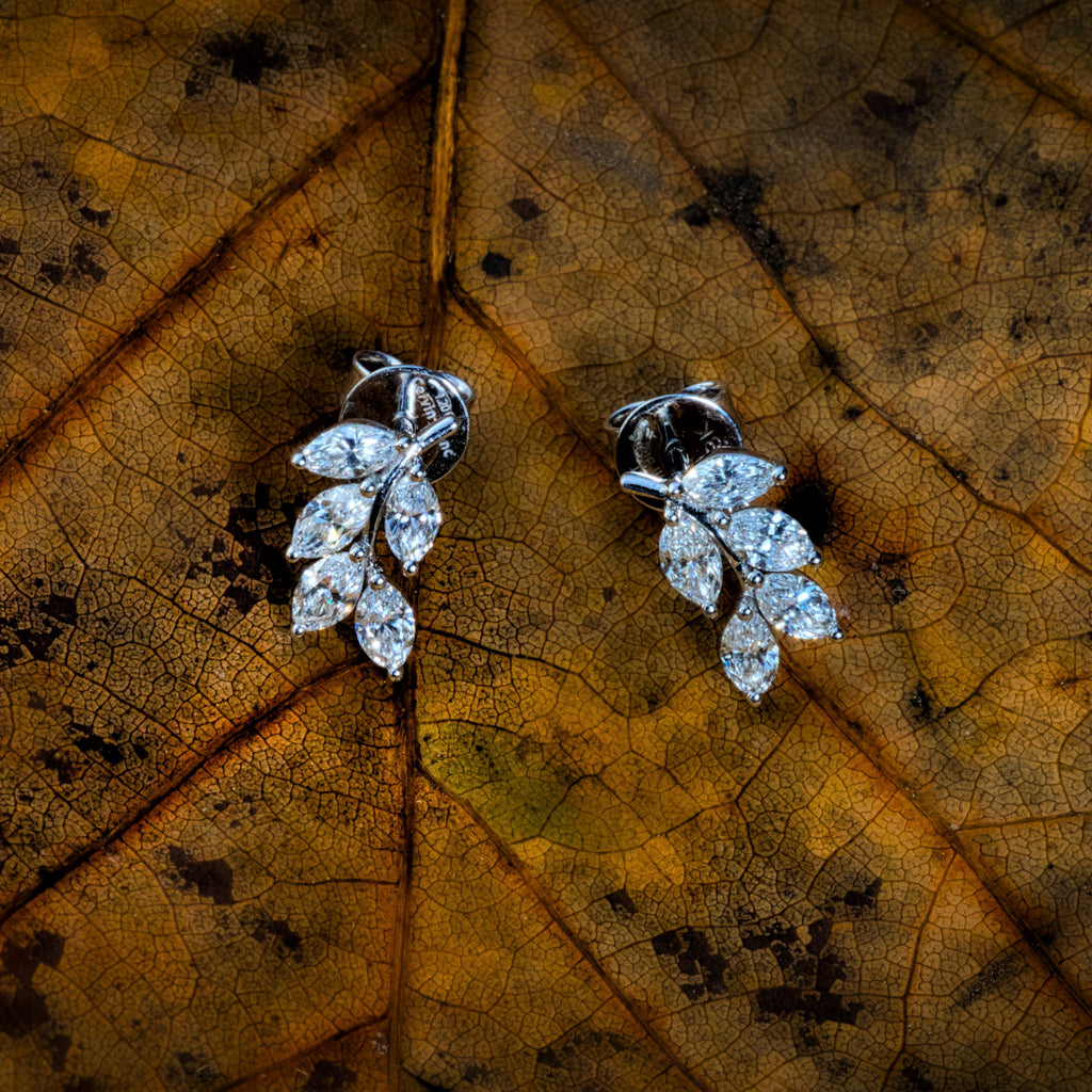 18ct White Gold Diamond Earrings leaf studs 1.20ct Marquise Cut. As Seen in TATLER