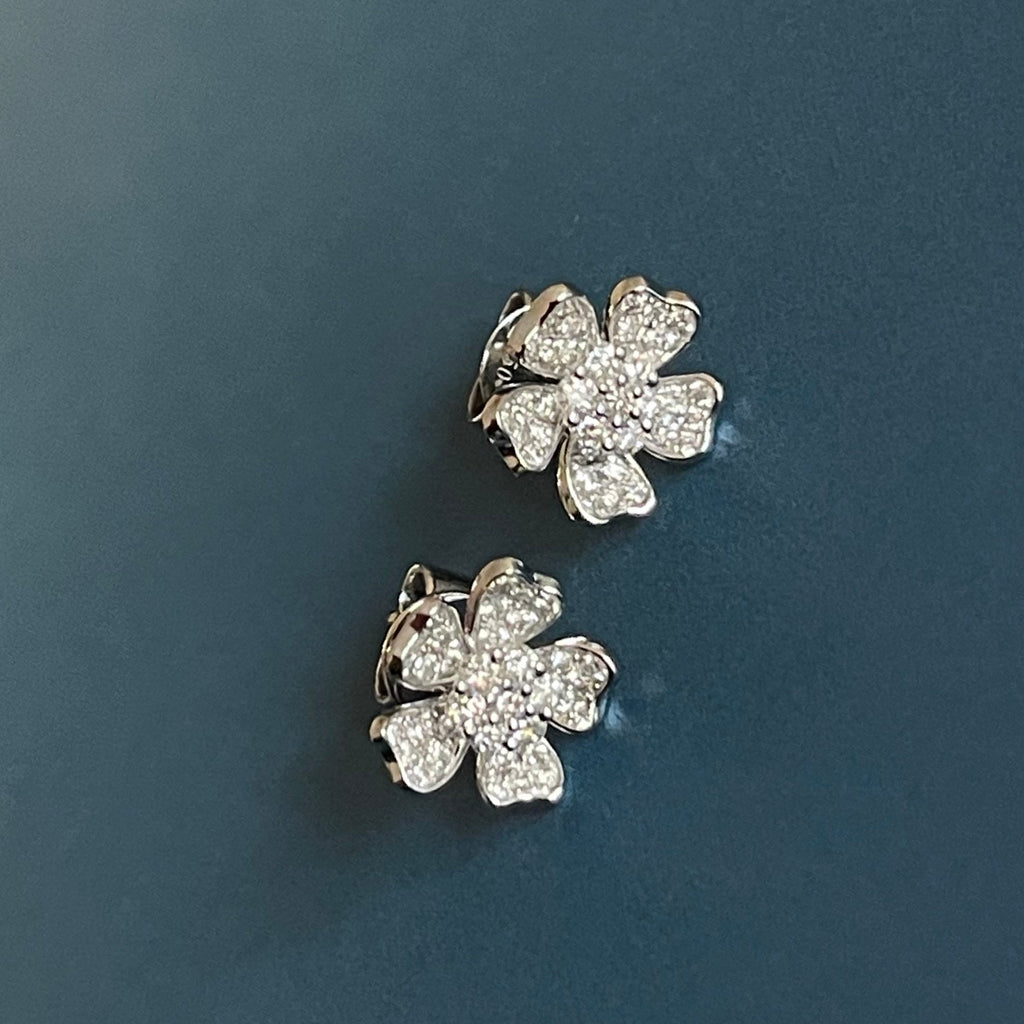 Diamond Earrings Clover Flower Studs in 18ct White Gold