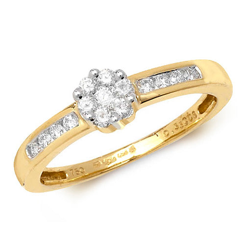 DIAMOND CLUSTER WITH CHANNEL SET SHOULDERS RING IN 18CT GOLD