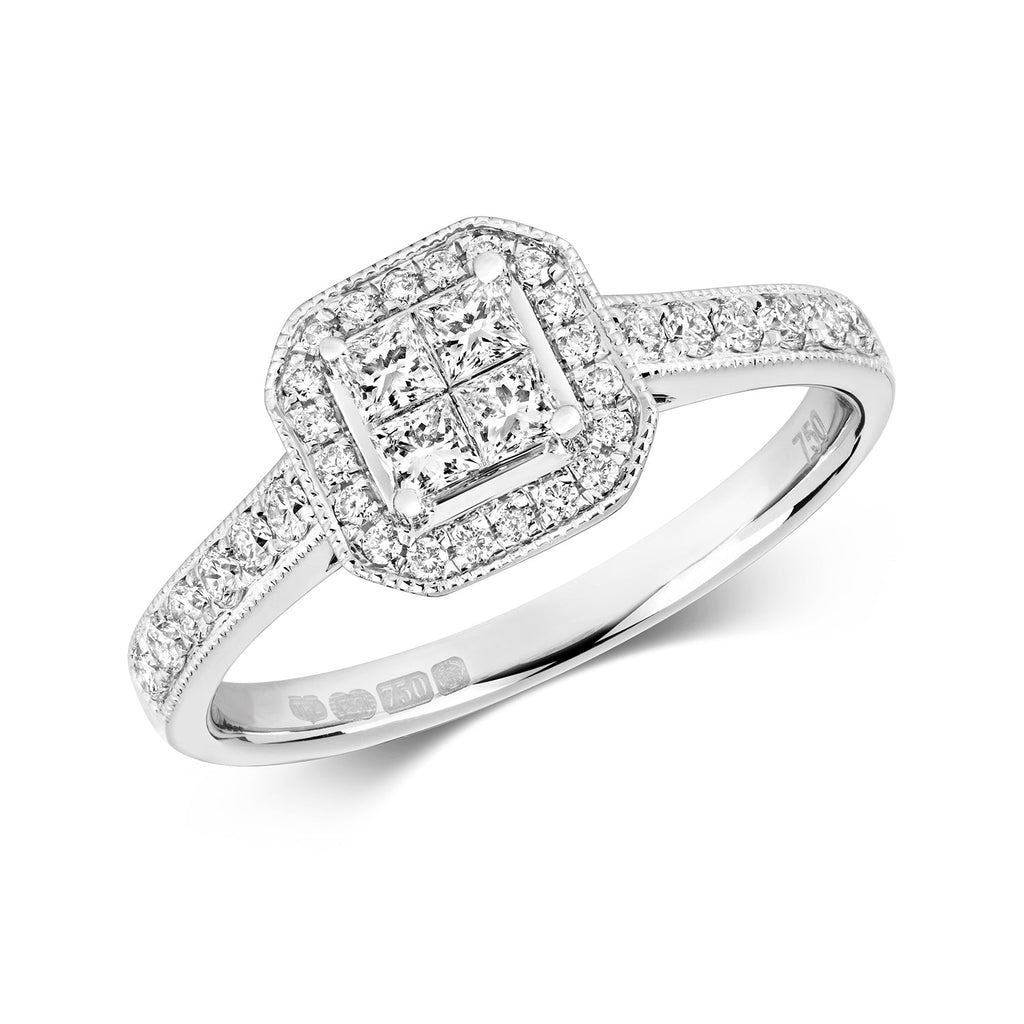 DIAMOND CLUSTER AND PRINCESS CUT CENTRE RING IN 18CT WHITE GOLD