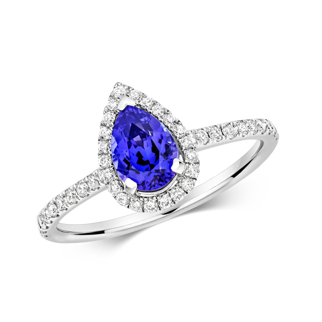 DIAMOND & TANZANITE PEAR SHAPE CLUSTER WITH SET SHOULDERS RING IN 18CT WHITE GOLD