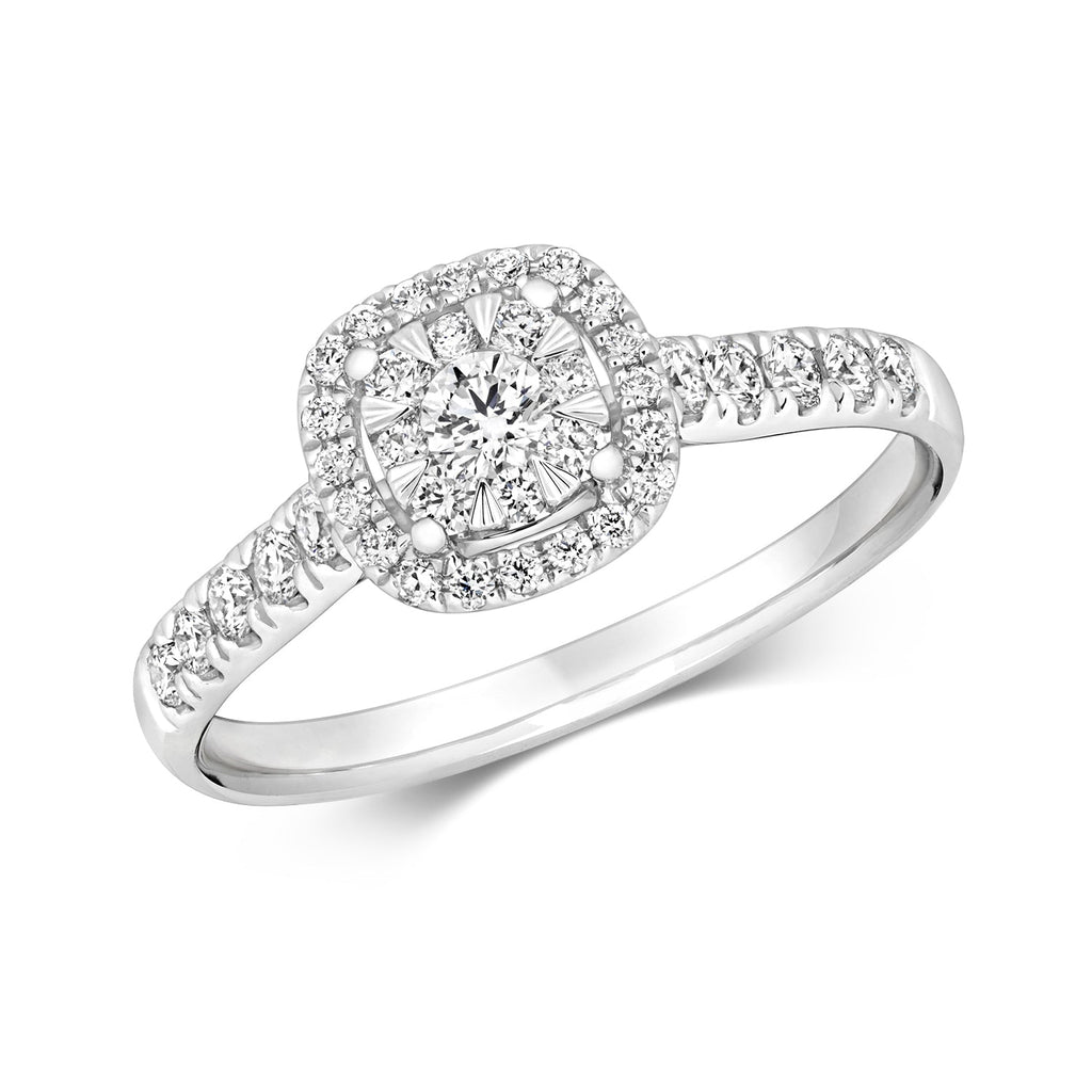 DIAMOND BRILLIANT CUSHION HALO RING IN 18CT WHITE GOLD