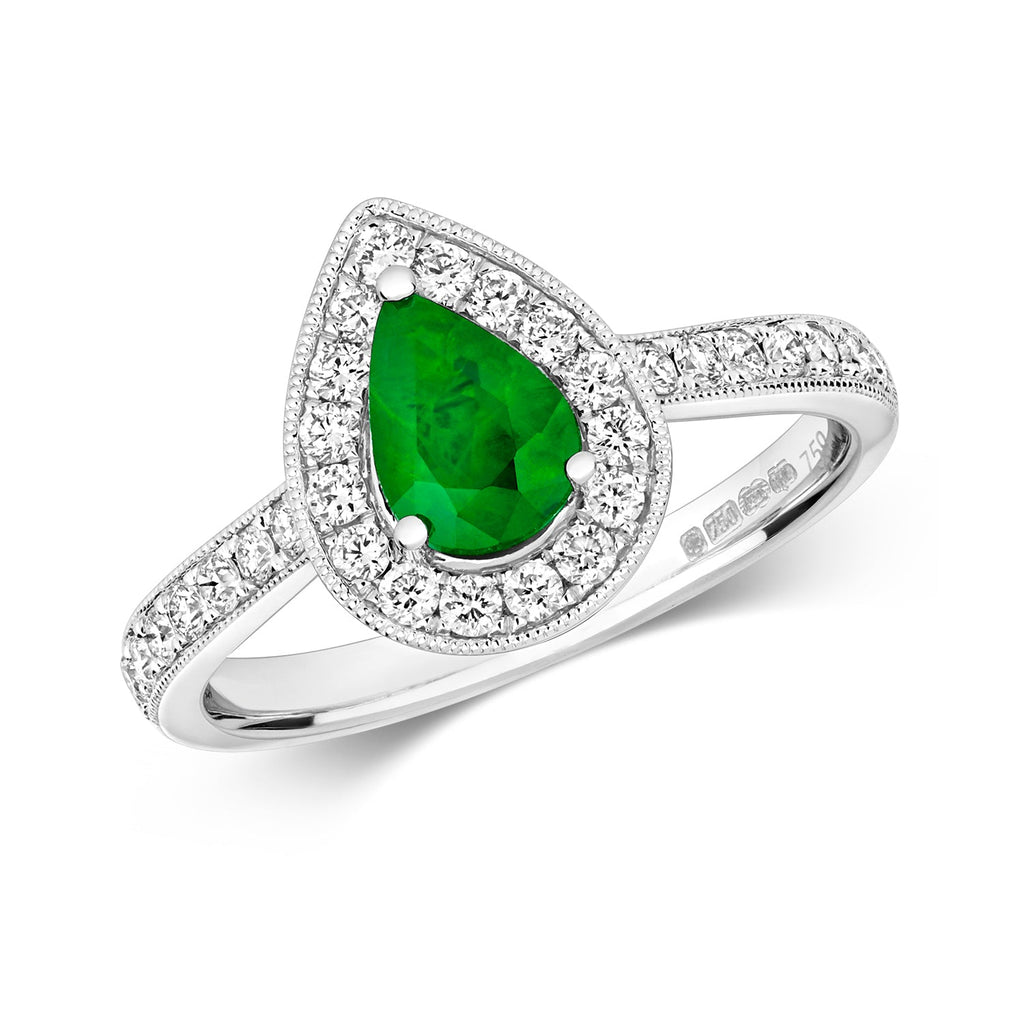 DIAMOND & EMERALD PEAR SHAPE CLUSTER WITH SET SHOULDERS RING IN 18CT WHITE GOLD