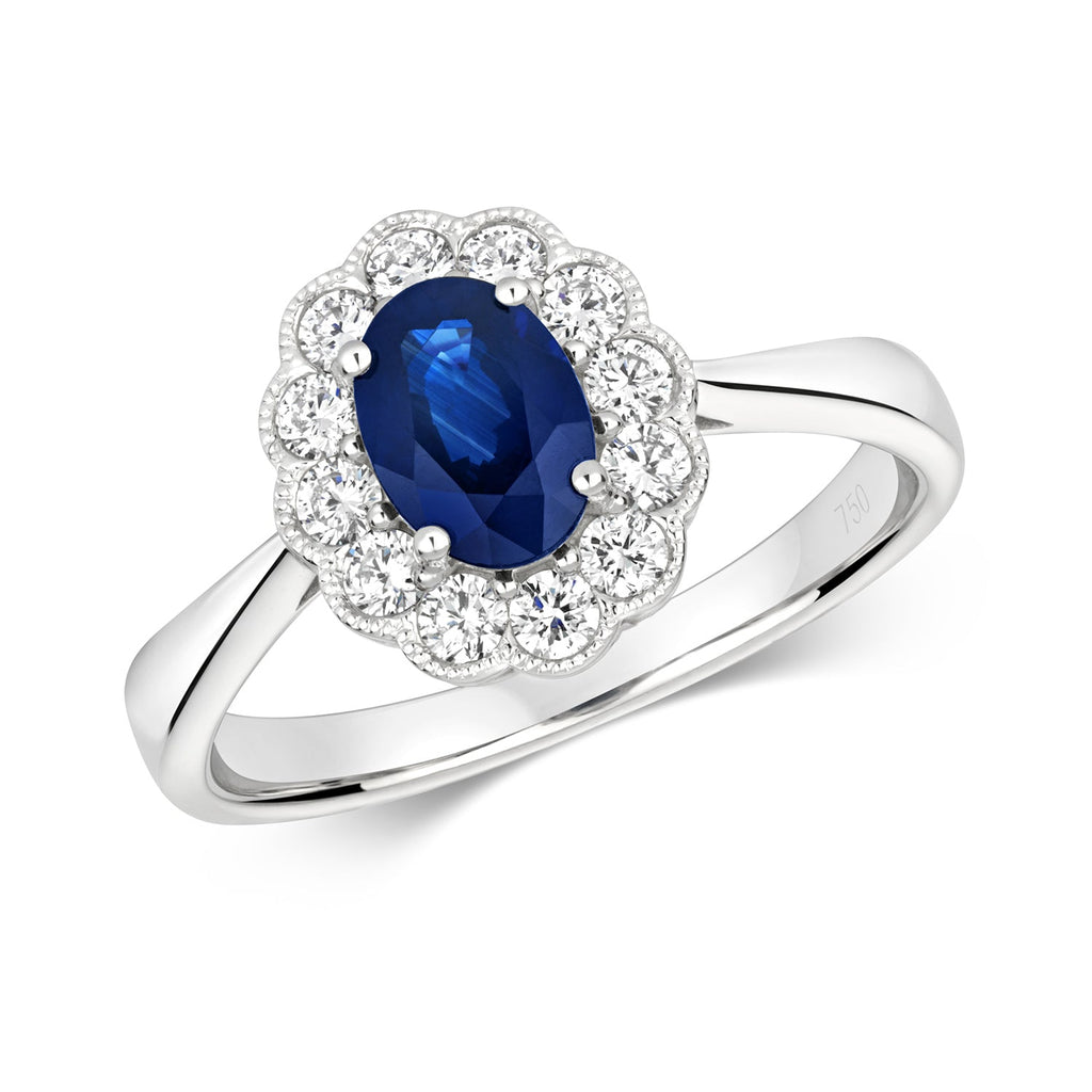 DIAMOND & SAPPHIRE OVAL VICTORIAN STYLE CLUSTER RING IN 18CT WHITE GOLD