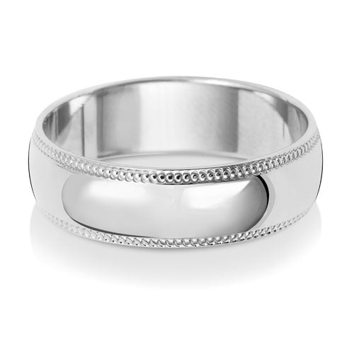 18CT WHITE GOLD 6MM MILLGRAIN LIGHT WEDDING RING