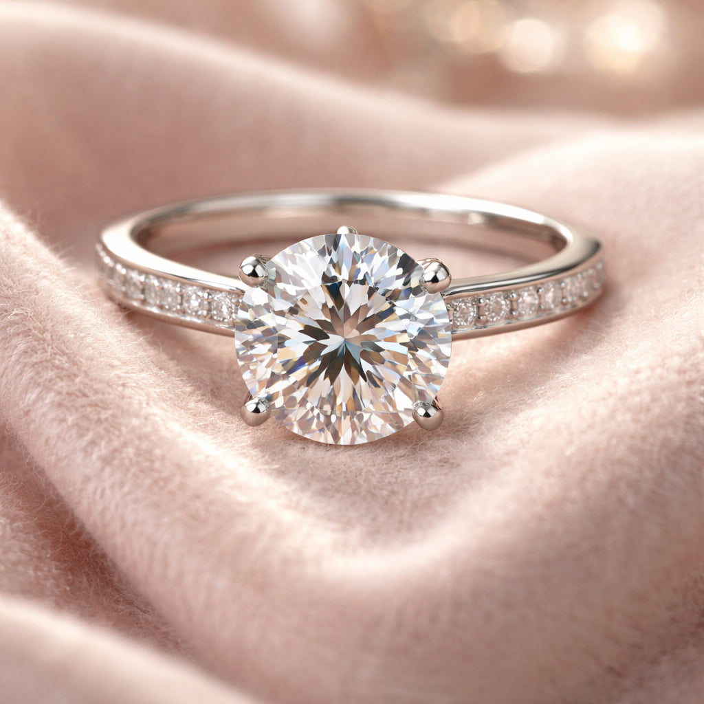 A photorealistic close‑up of a diamond engagement ring displaying cut facets, colour clarity, and carat weight on a soft velvet background, Swiss‑style elegance, appealing to women planning weddings. Alt: Diamond engagement ring 4 Cs detailed view.