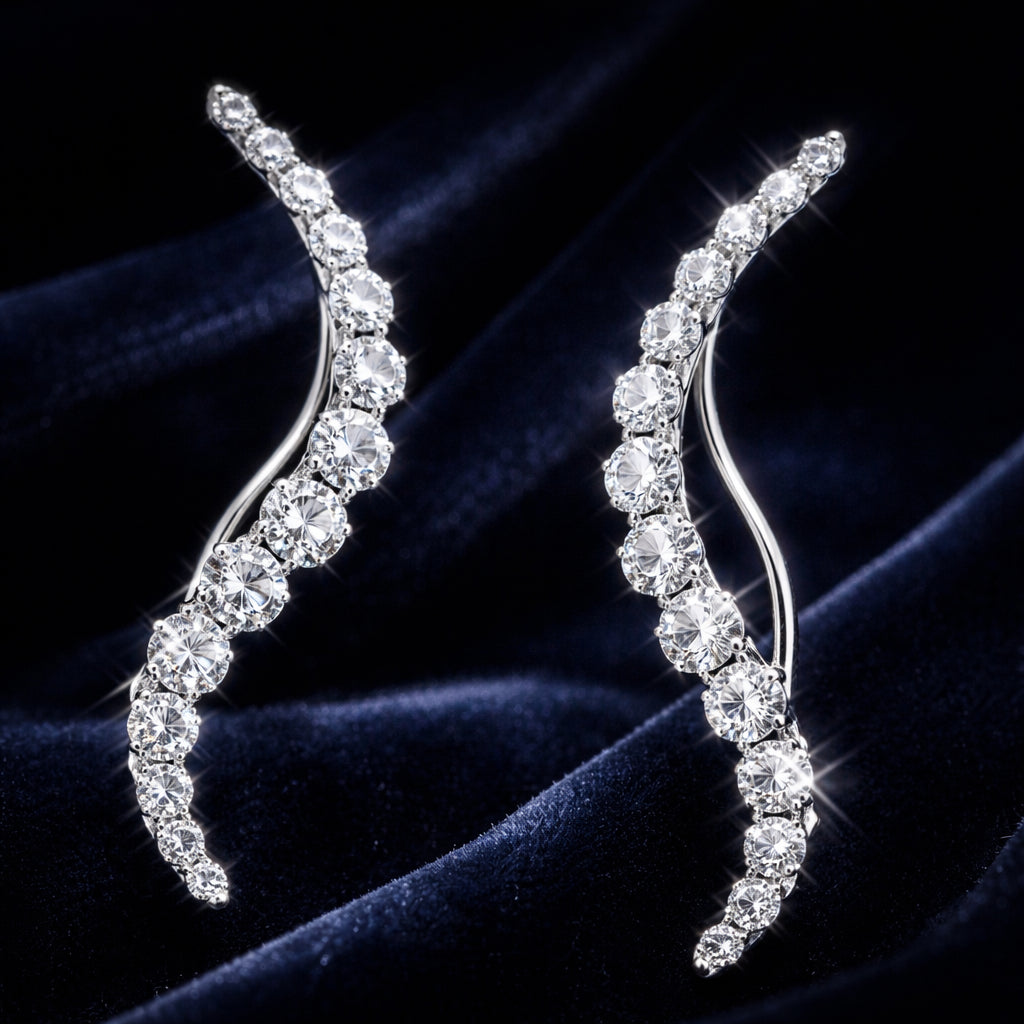 A photorealistic close-up of diamond helix earrings in 18ct white gold, curved posts tracing the upper ear, light catching the facets on a dark velvet background. Alt: Diamond helix earrings close-up in white gold.