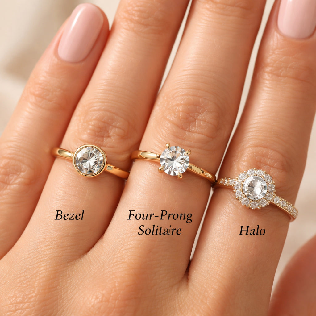 A photorealistic close‑up of a hand wearing three different engagement ring settings – a bezel, a four‑prong solitaire, and a halo – set on a soft neutral background. Alt: Different engagement ring settings guide visual comparison.