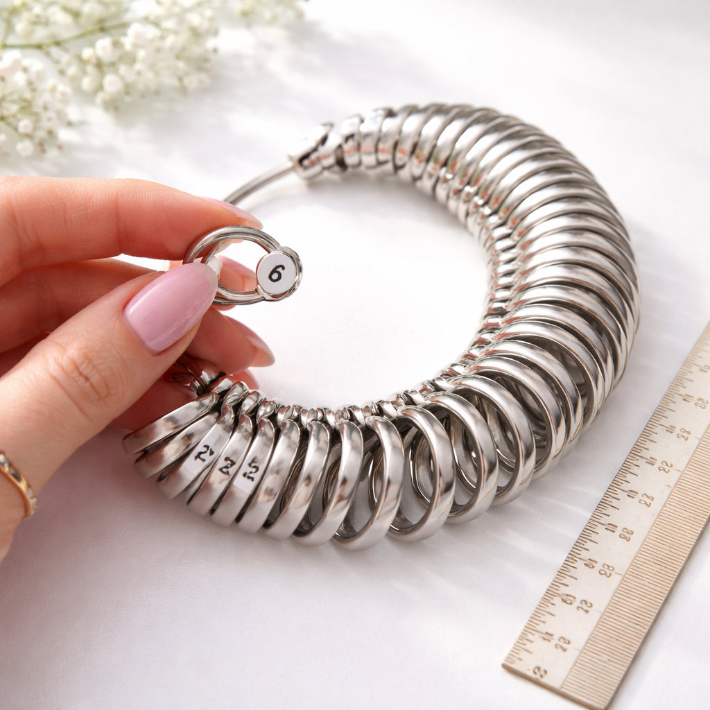 A photorealistic close‑up of a hand holding a plastic ring sizer set on a clean white surface, showing the numbered rings and a ruler beside it, soft natural lighting, realistic style, appealing to women looking for engagement or stackable rings.