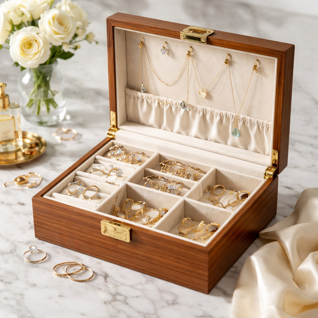A photorealistic scene of an elegant wooden jewellery box open on a marble countertop, showing neatly arranged rings, necklaces and a soft fabric lining. Alt: How to store jewellery safely with a stylish storage container