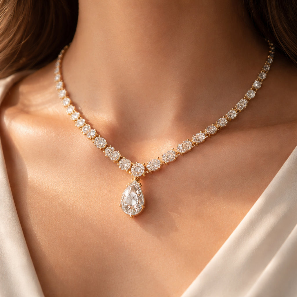 A photorealistic close‑up of a Swiss diamond necklace on a woman’s collarbone, soft natural light, showing the sparkle and gold setting, realistic style, appealing to women looking for fine jewelry gifts.