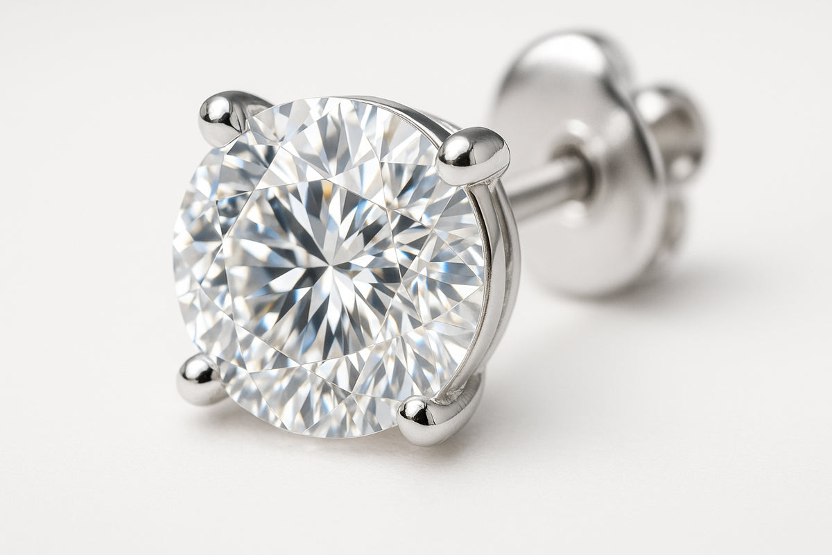 Close‑up of a 1 carat round brilliant diamond earring on a white background. Alt: 1 carat diamond earrings sparkling luxury