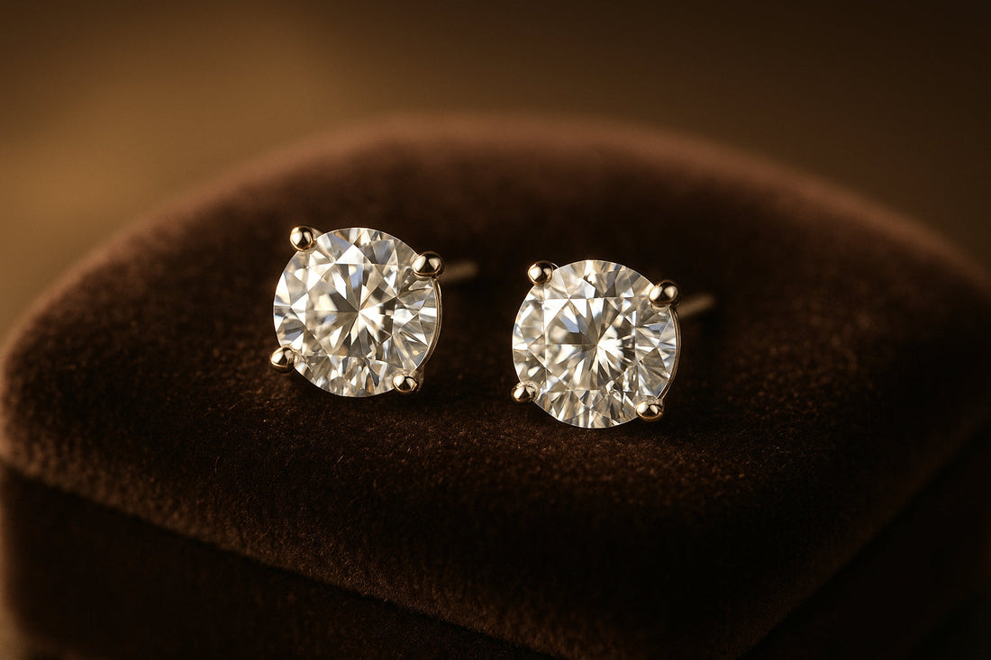 A close-up photograph of elegant 1 carat diamond earrings on a velvet cushion. Alt: Stunning 1 carat diamond earrings sparkling under soft light.