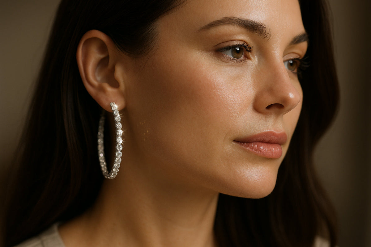A woman wearing diamond hoop earrings, showcasing their sparkle. Alt: Stylish diamond hoop earrings worn by a woman.