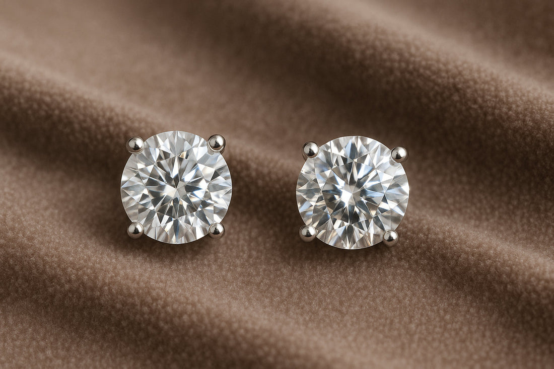 A pair of sparkling diamond stud earrings placed on a soft velvet background. Alt: Beautiful diamond studs showcasing brilliant sparkle.