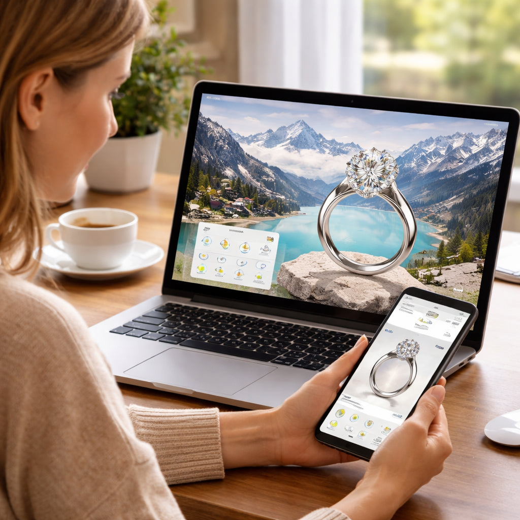 A photorealistic scene of a woman using a laptop and phone to explore a 3‑D jewellery model, with a Swiss Alpine backdrop visible on the screen, reflecting the virtual jewellery store experience. Alt: virtual jewellery store experience