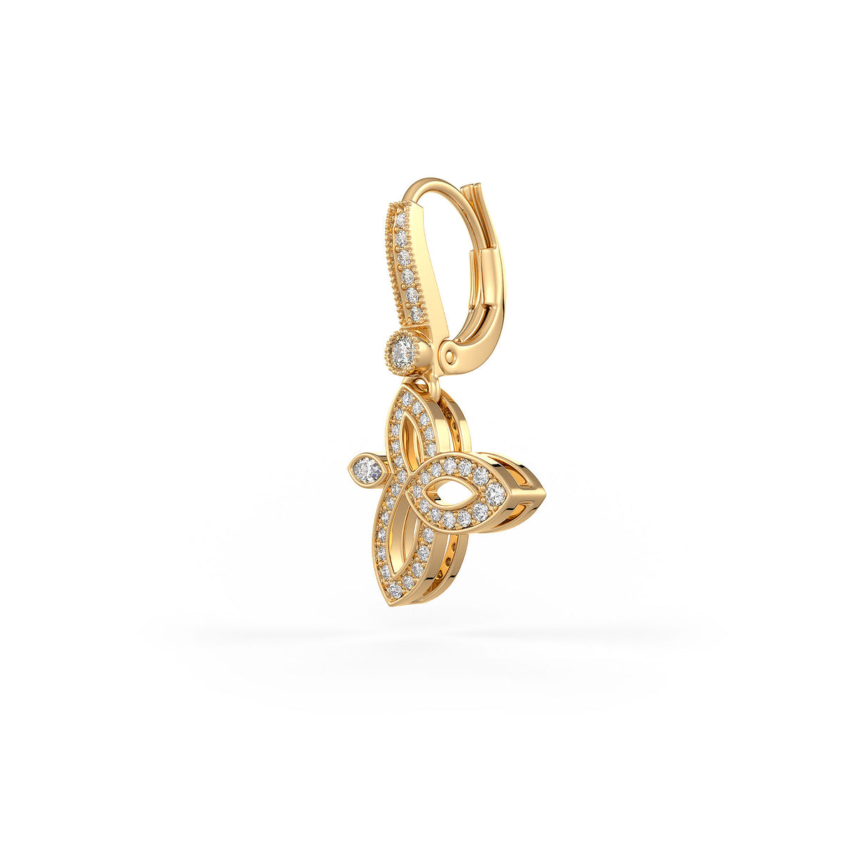 Gold earring with diamond accents on a white background