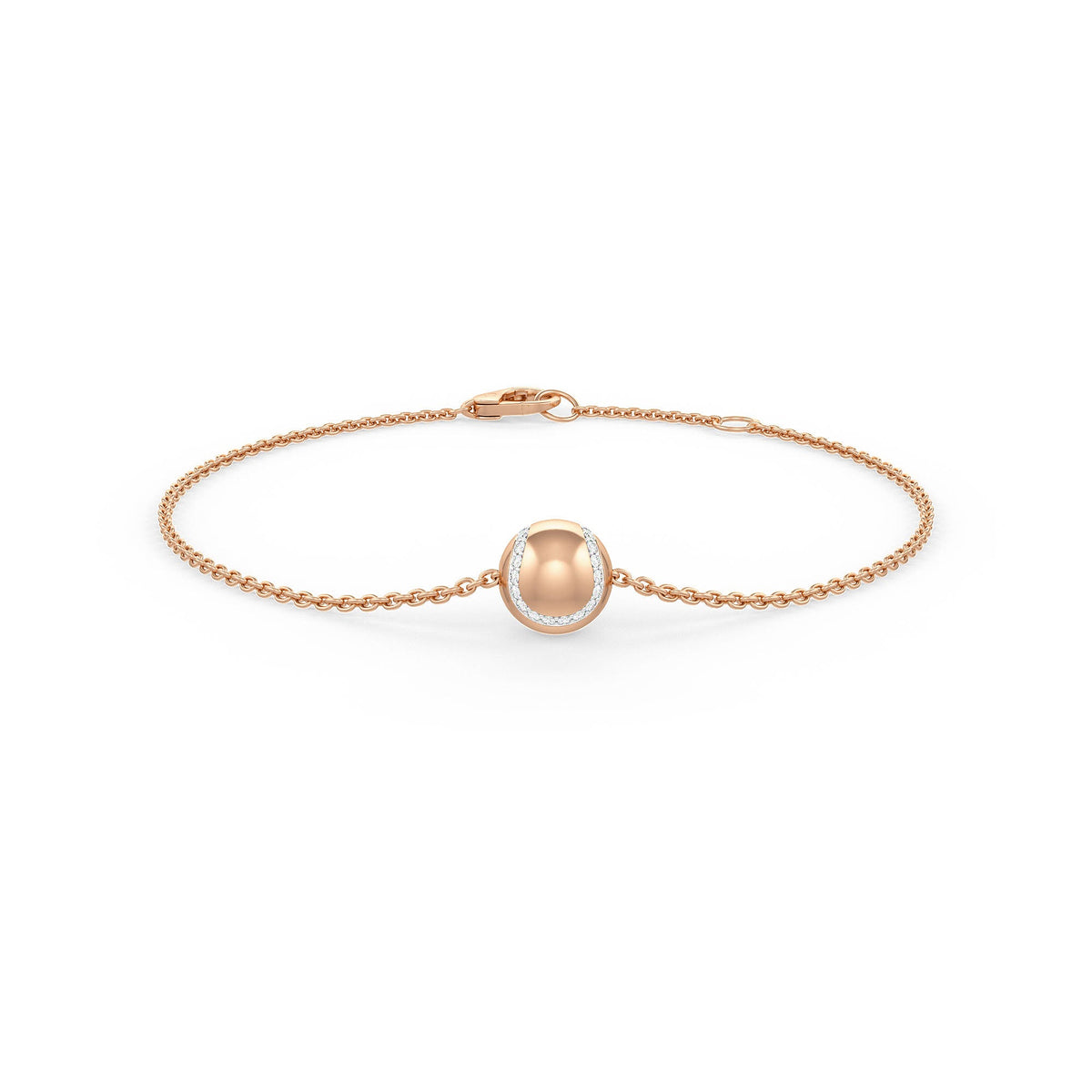 Rose gold bracelet with a central pearl on a white background